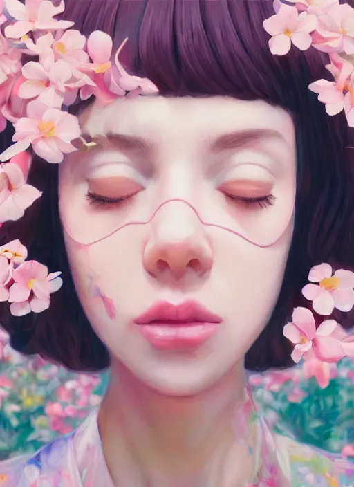 Prompt: still from music video, beautiful women blindfold, flowers, street clothes, full figure portrait painting by martine johanna, ilya kuvshinov, rossdraws, pastel color palette, 2 4 mm lens