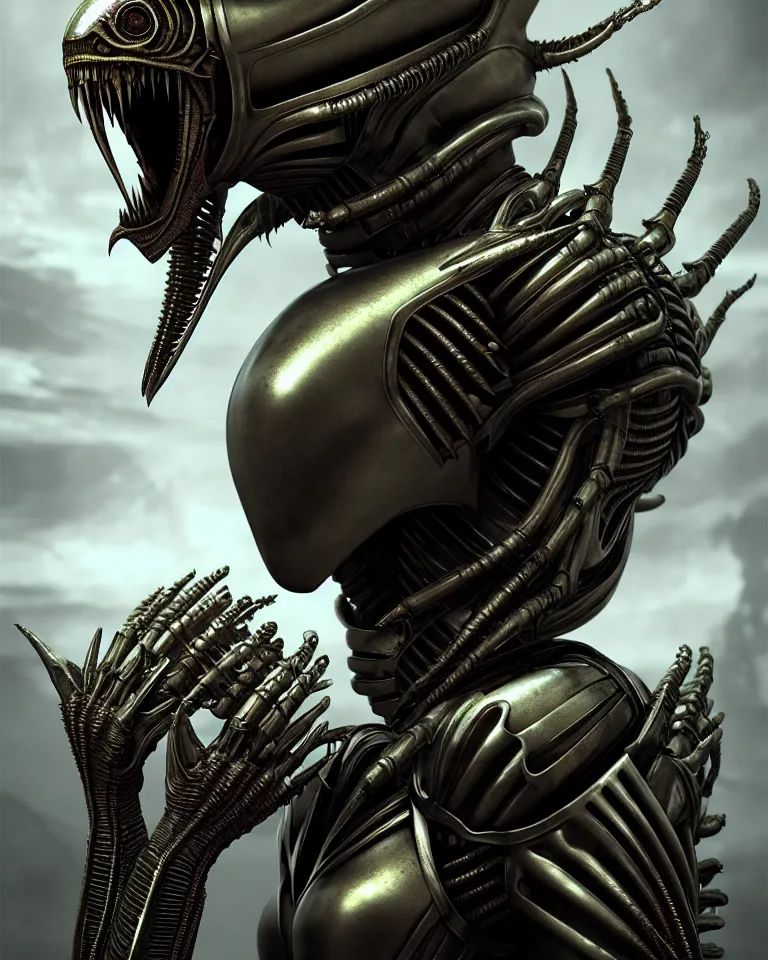 Image similar to epic portrait of alien queen in ring armour by giger and elvgren epic octane vfx maya render