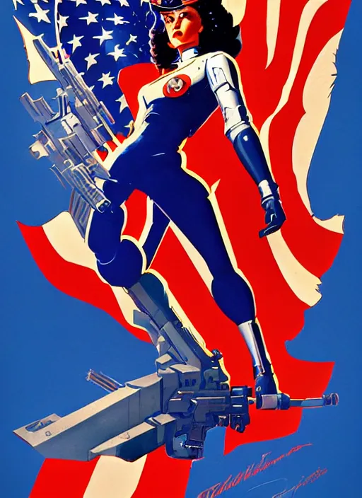 Image similar to patriotic american propaganda poster. cyberpunk female supersoldier. portrait by jean giraud and anton otto fischer and john philip falter and will eisner and gil elvgren and pixar. realistic proportions. character art. science fiction d & d. tf 2, overwatch, rb 6 s, cyberpunk 2 0 7 7, blade runner 2 0 4 9.