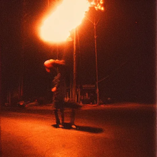 Image similar to A grainy underexposed Fujifilm 200 photograph of a vagrant exploding