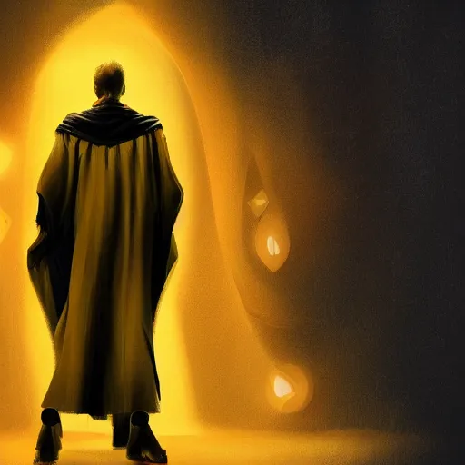 Image similar to award - winning. trending on artstation. cinematic. expressive. a faceless man wearing layered yellow robes while a black hole floats behind them. dark background.