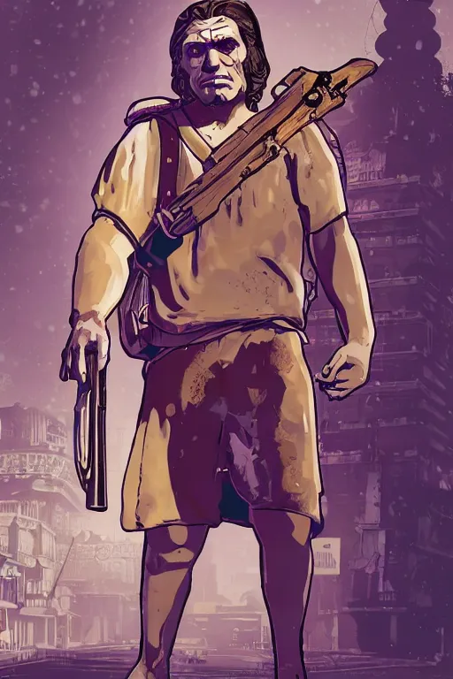 Image similar to saint homo neanderthalis, with book of science, on his right hand, and riffle, on his left hand, violet polsangi pop art, gta chinatown wars art style, bioshock infinite art style, incrinate, realistic anatomy, hyperrealistic, two colors, white frame, 4 k, uhd, remove duplicate content