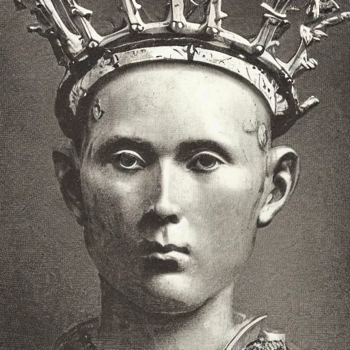 Image similar to a portrait of the head of a robot emperor with a crown of laurels ( c. 1 8 8 0 - 1 8 9 2 ) drawing in high resolution by otto eerelman