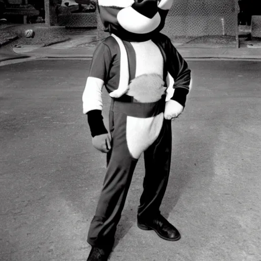 Prompt: a 1940s photograph of a man wearing a sonic the hedgehog suit