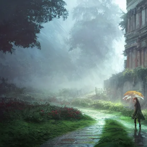 Image similar to ruins, beautiful, atmosphere, vibe, mist, rain, puddles, fern, flowers, concept art illustration, color page, tone mapping, akihiko yoshida, james jean, andrei riabovitchev, marc simonetti, digital illustration, greg rutowski, volumetric lighting, sunbeams, particles