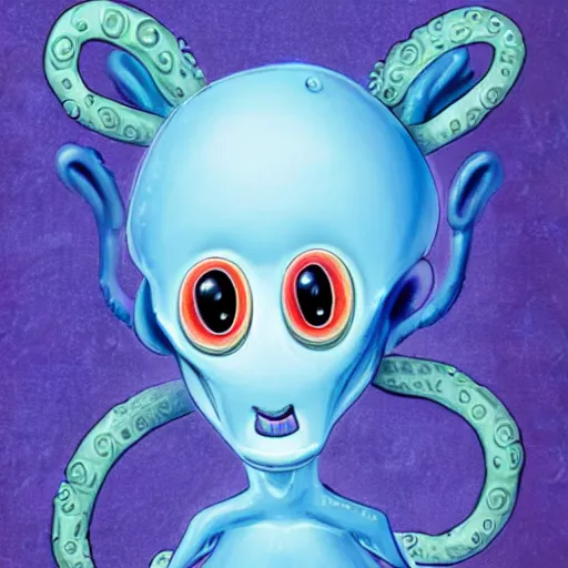 Prompt: character design of an adorable baby faced alien portrait with tentacles on the sides of it's mouth, blue, tiny horns