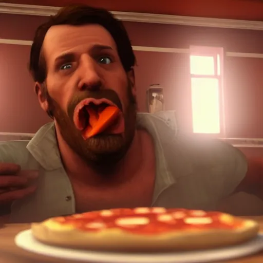 Prompt: gopro footage of a hotdog man eating a slice of pizza in a court room, iso 2 0 0, depth of field, cinematic, volumetric lighting, by red dead redemption 2