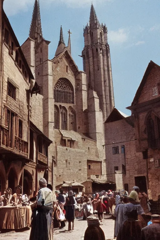 Image similar to a color 3 5 mm photograph of a villagers milling around in a medieval town square with a looming cathedral