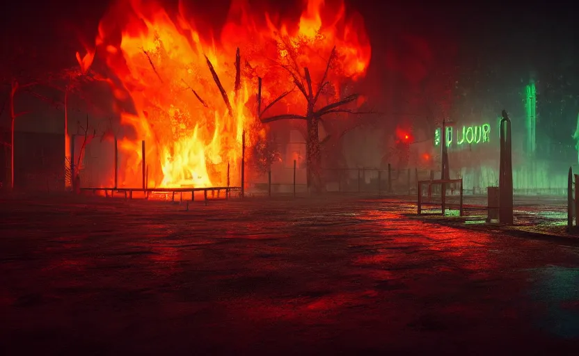 Image similar to neon hell, graveyard, fog, amazing fire art, fog, octane render, ray tracing, realistic fire sharp focus, long shot, 8 k resolution, cinematic