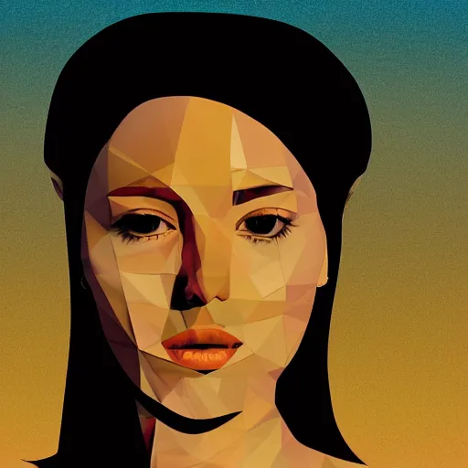 Prompt: digital portrait of luna set against a precisionist background. the woman's face is illuminated by a warm, golden light, and her gaze is downcast, as if she is lost in thought. the background is composed of geometric shapes and clean lines, creating a contrast with the woman's more organic features