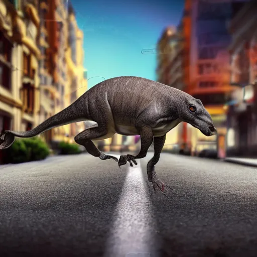 Image similar to realistic phitograph of parasaurolophus in the middle of a bussy street