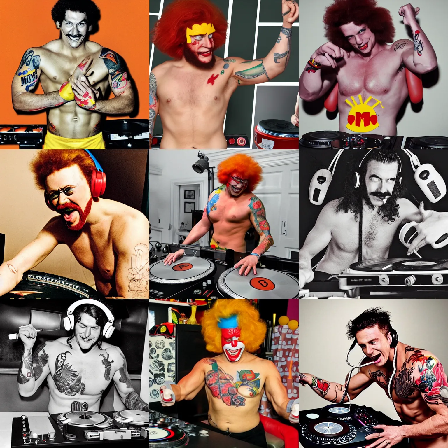 Prompt: Ronald McDonald, shirtless and muscular with tattoos Ronald McDonald wearing headphones DJing with DJ turntables