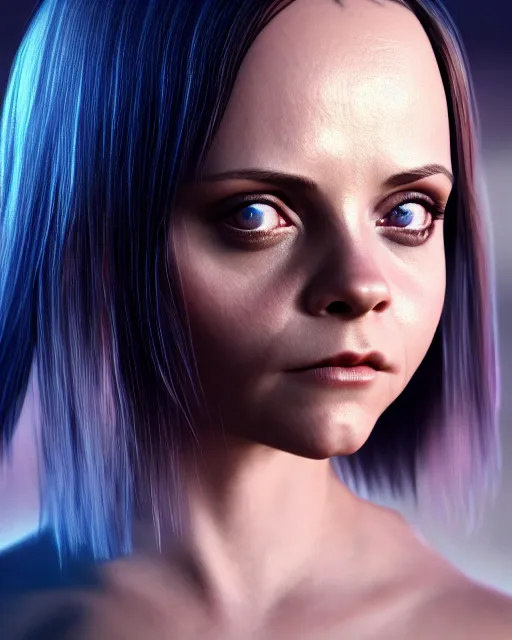 Prompt: christina Ricci as an angel, hyper realistic, prismatic highlights, atmosphere, gorgeous, depth of field, cinematic, macro, concept art, 50mm, artstation, wlop, elegant, epic, weta digital, focus, octane render, v-ray, 8k, kodak portra, art by Liberatore