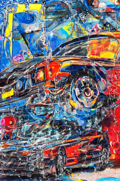 Image similar to car wash, big chain, collage, acrylic on canvas, expressionism movement, breathtaking detailed, by blake neubert