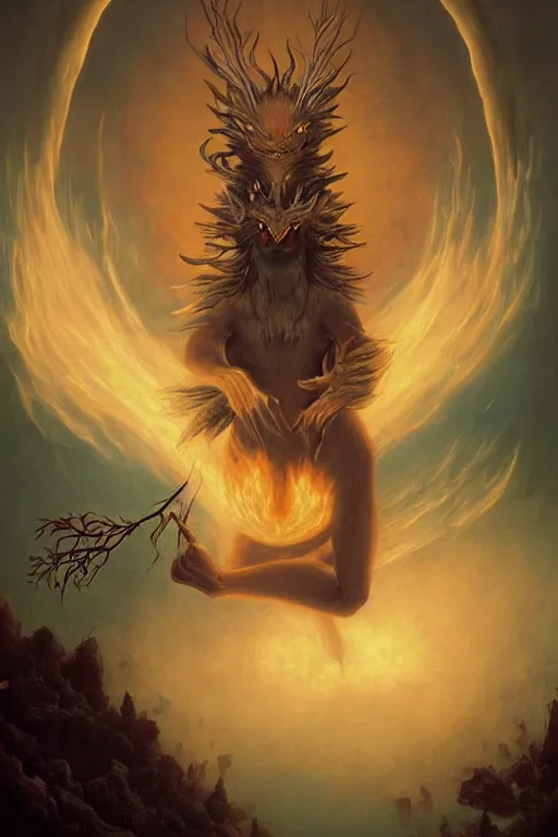 Prompt: concept art of a fire - type magical - spirit - creature that travels the virtual world and entices people serve to its master, by martin johnson heade, peter mohrbacher, karol bak. surrealism.