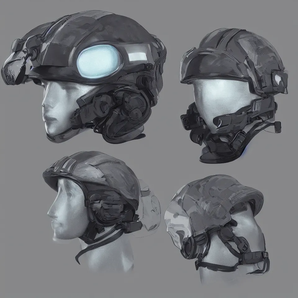 Prompt: front view nano cyber headgear combat vision helmet highly detailed product catalog, hyper concept art, smooth, crisp sharp focus, simple draft aaa unreal artstation