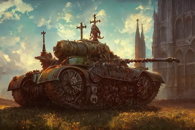 Image similar to a mobile driving ornate cathedral church mounted on a tank with chain drive, warhammer 4 0, scene in an open field. key visual, conceptart, ambient lighting, highly detailed, digital painting, artstation, concept art, sharp focus, by makoto shinkai and akihiko yoshida and kris kuksi