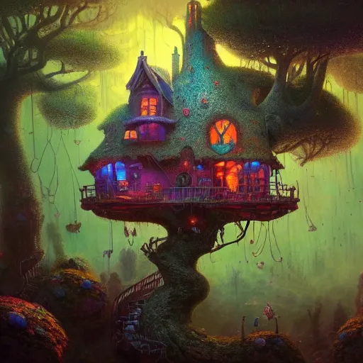 Image similar to detailed concept colorful fantasy painting of a transcendental treehouse, artwork by Paul Lehr and Lexander Jansson, cinematic lighting, hyperdetailed, 8k, high resolution, insanely detailed and intricate, octane render