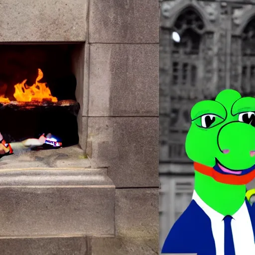 Prompt: Pepe the pig set on the fire british parliament