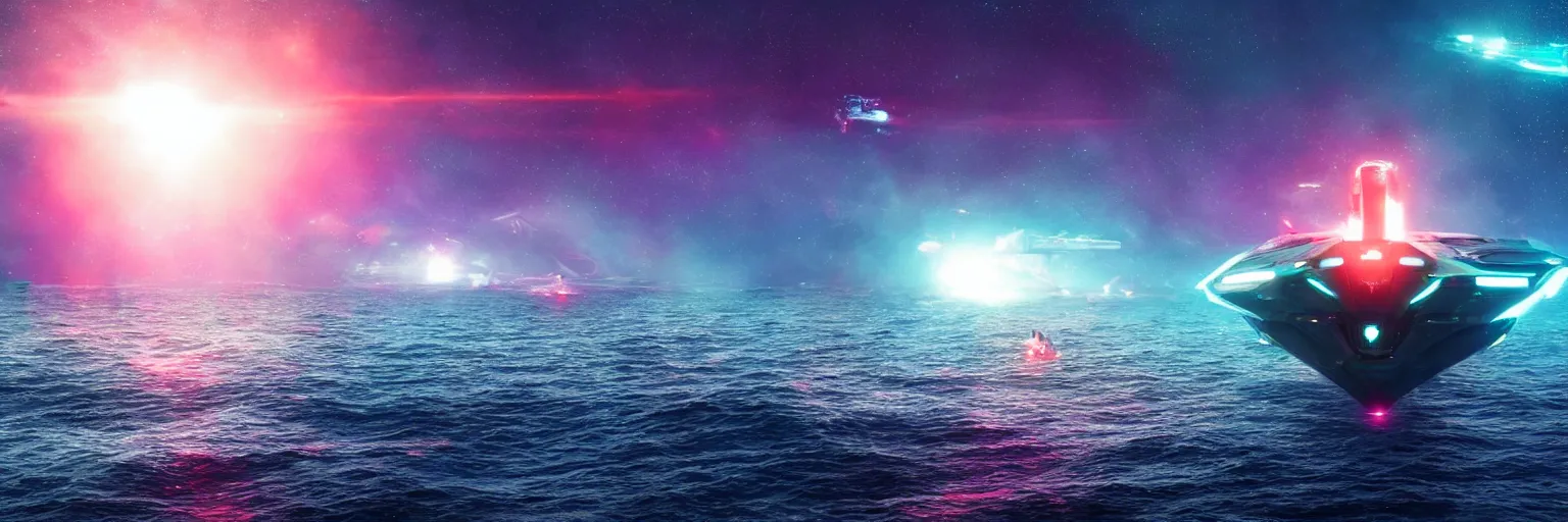 Prompt: a giant glowing spaceship in the ocean, humans swimming, galaxy, hyper realistic, epic lighting, cyberpunk, wide angle lens