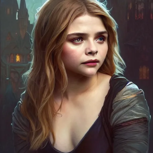 Image similar to Beautiful Chloë Grace Moretz as Bat Girl, western, D&D, fantasy, intricate, elegant, highly detailed, digital painting, artstation, concept art, matte, sharp focus, illustration, art by Artgerm and Greg Rutkowski and Alphonse Mucha