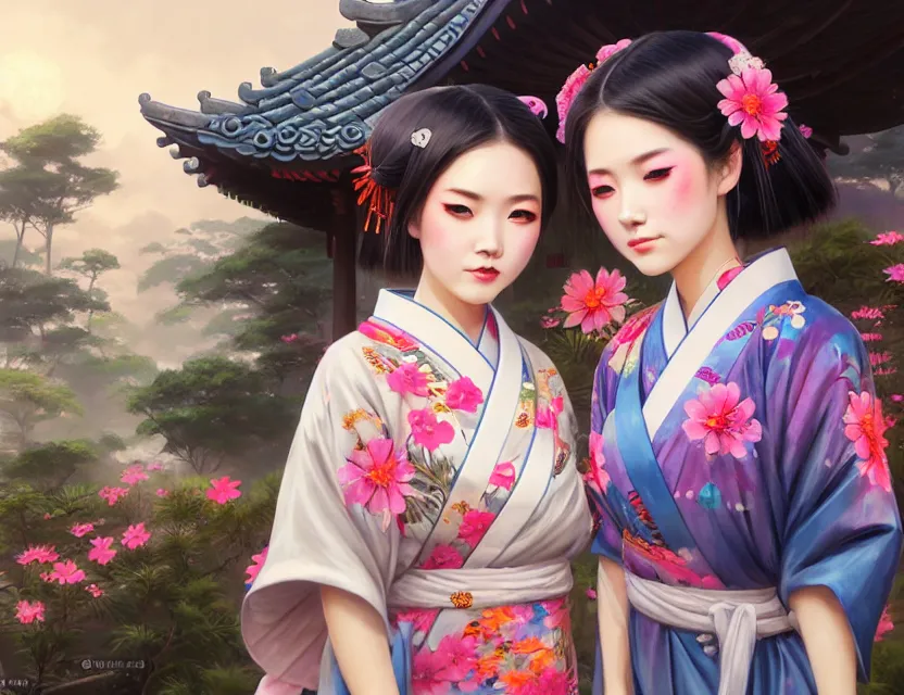 Image similar to two beautiful fashion taiwan girls wear fantasy yukata in festival | | big eyes, sunny, dreamlike art, realistic shaded, smile, good looking, fine details, 4 k realistic, cryengine, realistic shaded lighting poster by greg rutkowski, magali villeneuve, artgerm, jeremy lipkin and michael garmash and rob rey