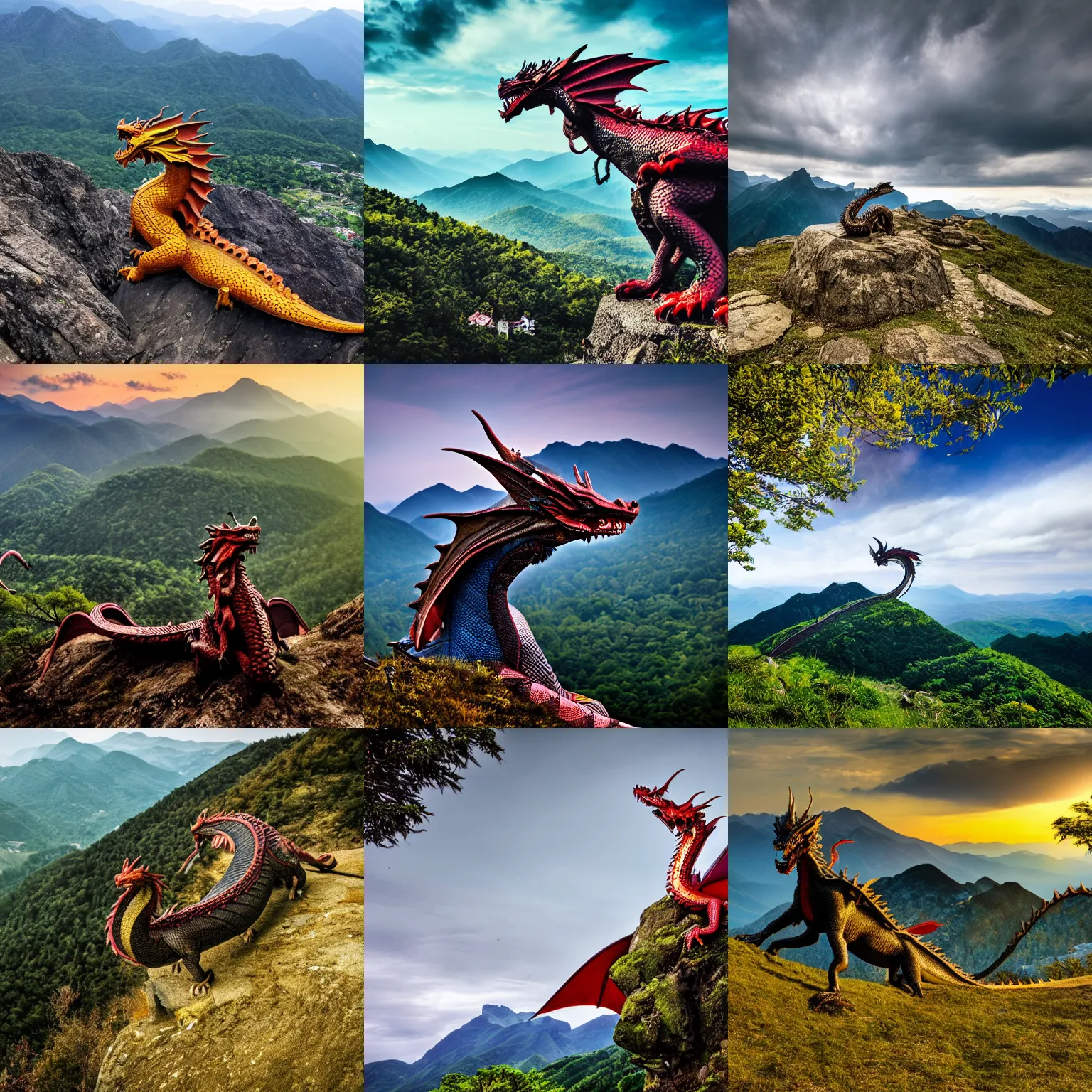 Prompt: <photo hd>dragon on mountain overlooking village