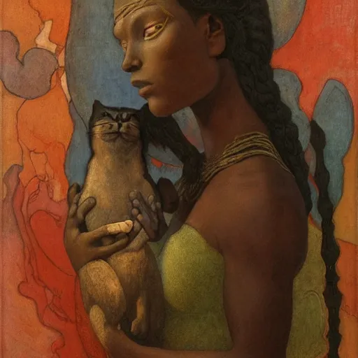 Prompt: masterpiece black woman and cat sculpture from an unknown lost civilization, by annie swynnerton and diego rivera and nicholas roerich and jean delville and charlie bowater, symbolist, dramatic lighting, god rays, art brut, rich colors, smooth sharp focus, extremely detailed, adolf wolfli and ( donato giancola and bilibin )