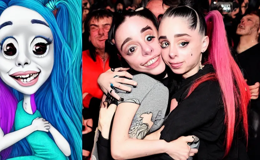 Prompt: ariana grande hugging billie eilish 4k by tim burton caricature