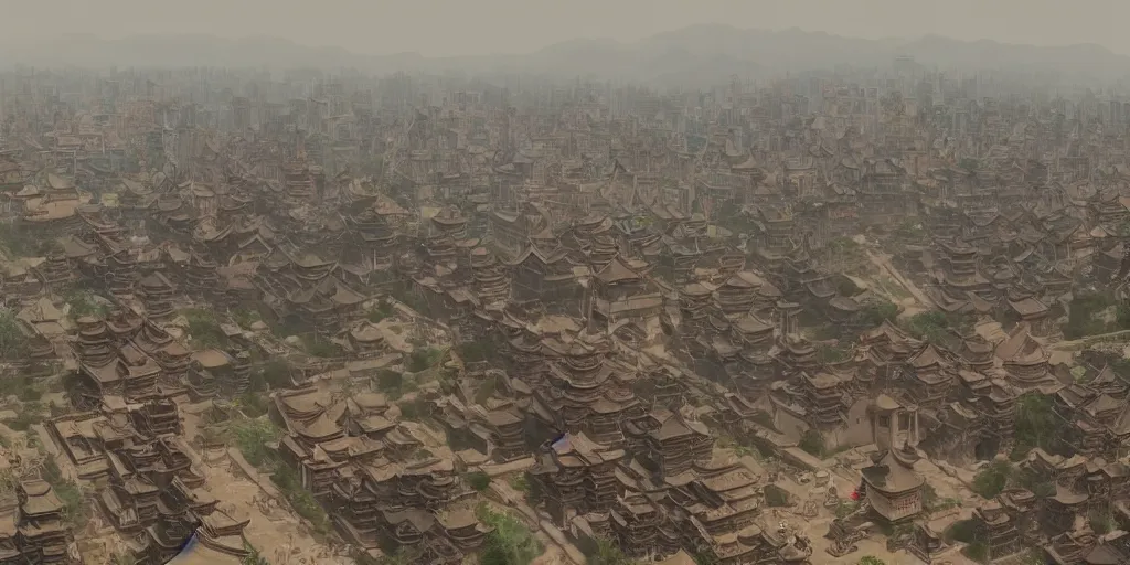 Prompt: overlooking the ancient chinese chang'an city, bauhinia city, movie scenes, epic composition, very detailed