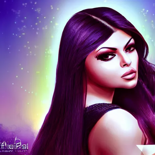 Prompt: portait haifa wehbe, centred, very long hair, hd, unreal engine, art digital painting, qin's moon style, amazing background theme