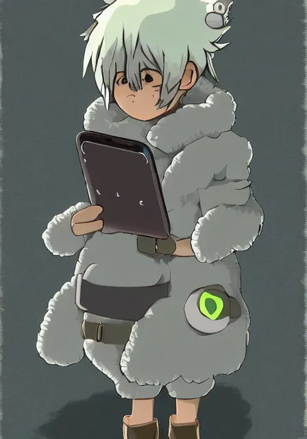 Image similar to little boy wearing sheep suit using a smartphone, gray, blue, green and brown pallet color. made in abyss art style, inspired in kris from deltarrune, cute detailed artwork, anatomically correct, soft details