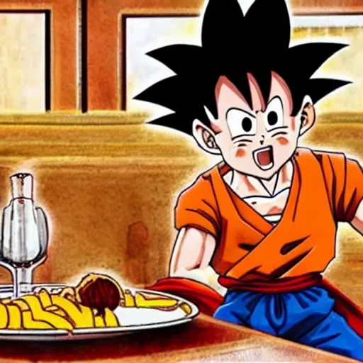 Image similar to goku sitting at a table at olive garden while he eats a plate of spaghetti and meatballs