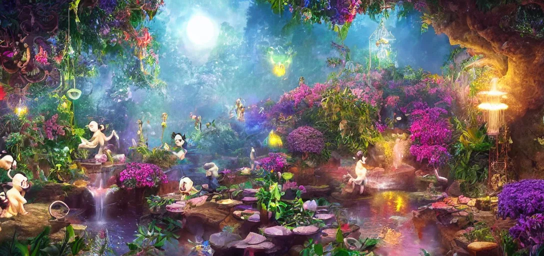 Image similar to a magic garden, with monkeys playing with diamonds, fairies and scissors, details, smooth, sharp focus, illustration, realistic, cinematic, artstation, gold, ornate, award winning, original modern artwork, rgb ethereal lighting, 8k