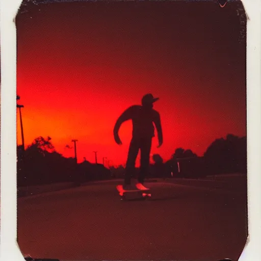 Prompt: Aged polaroid photo of someone skateboarding down a road, sunset, heavy color bleed, film grain, red lighting