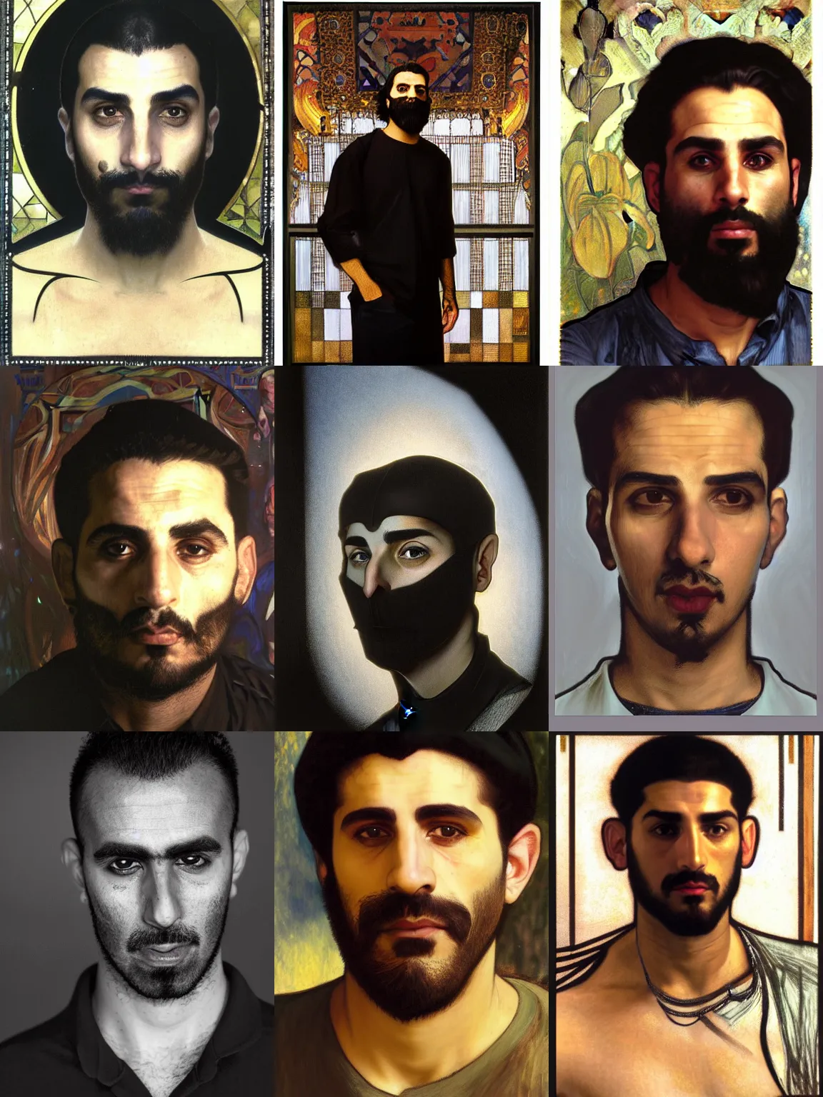 Image similar to portrait of a modern middle-eastern man wearing a dark shirt, upper body 2d game avatar, Donato Giancola, Kodak film stock, chiaroscuro lighting, default pose neutral expression, face-on head shot, close-up, eye-contact, sharp focus, shape language, Alphonse Mucha/Gustav Klimt style, alpha masked transparent flat grey background, 4k, volumetric lighting, French Nouveau, trending on artstation, octane render, ultra detailed, hyperrealistic