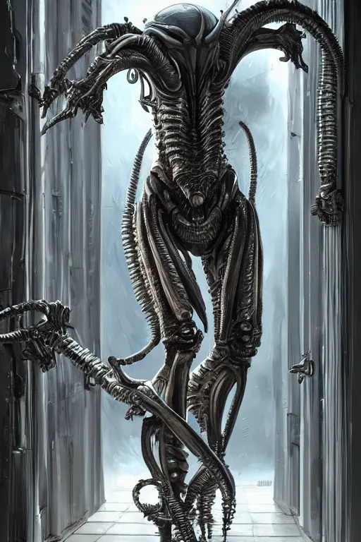 Image similar to ultra realist and ultra intricate detailed soft painting of a metal xenomorph, standing in a futuristic doorway, sensual gloomy style, volumetric clouds, artstation, unreal render, depth of field