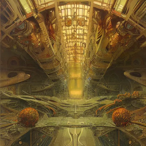 Prompt: inside epic futuristic structure by raymond swanland, alphonse mucha and zdzisław beksinski, highly detailed