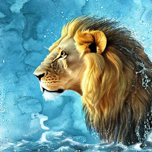 Image similar to a male lion's face breaching through a wall of water, water sprites, splashing, deep blue water color, highly detailed, realistic digital art