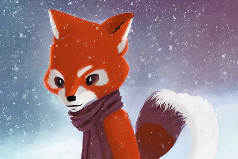 Image similar to an anthropomorphic fox with a fluffy tail wearing a scarf playing in the snow, backlighting, trending on pixiv, digital art, furry art, trending on furaffinity