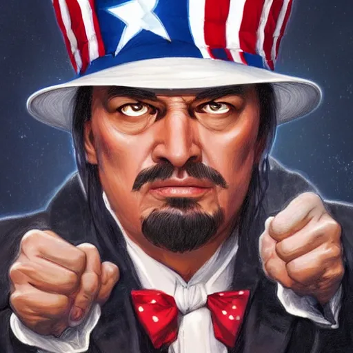 Prompt: portrait of uncle sam punching steven seagal, d & d, fantasy, intricate, elegant, highly detailed, digital painting, artstation, concept art, smooth, sharp focus, illustration, art by artgerm and greg rutkowski and alphonse mucha