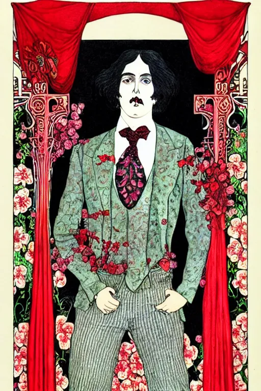 Prompt: realistic portrait of oscar wilde in the center of an ornate red curtain frame with skulls and flowers, detailed art by kay nielsen and walter crane, illustration style, watercolor