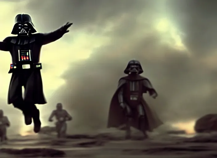 Image similar to film still of Darth Vader jumping up in joy over his great success in the new Star Wars movie, 4k
