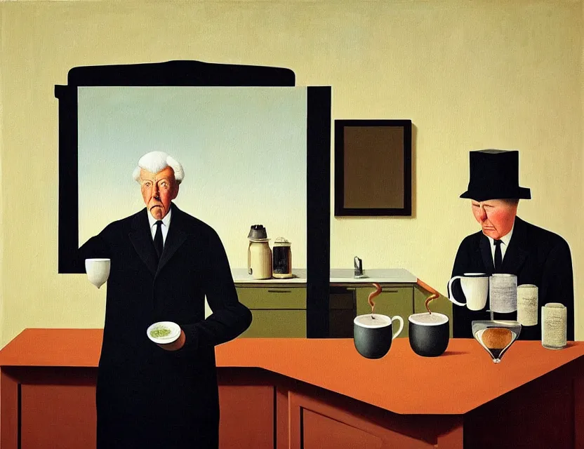 Image similar to a painting of a old dusty professor making a study of drinking 1 0 cups of coffee into a droste effect, dark monday mood in a kitchen that is slowly melting, styled and painted by rene magritte