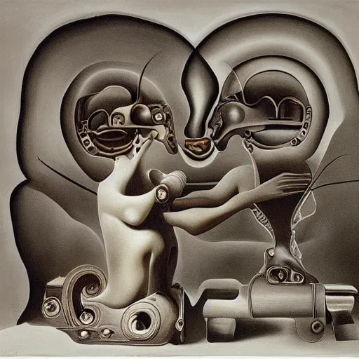 Image similar to Two mechanical beings in a deep conversation. Dali.