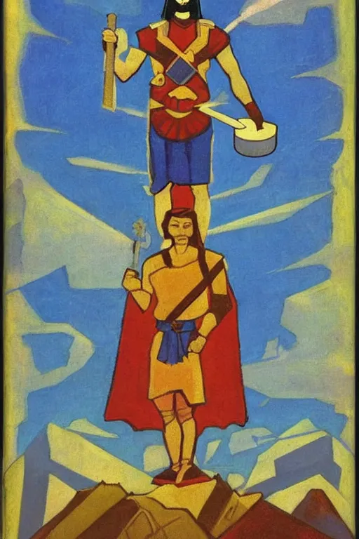 Image similar to thor with hammer, marvel, artwork by nicholas roerich,