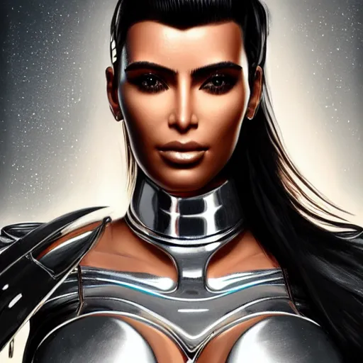 Image similar to transhuman cyberpunk kim kardashian wearing silver chrome leather crop top, cyberpunk 2 0 7 7, intricate, elegant, highly detailed, digital painting, artstation, concept art, smooth, sharp focus, illustration, art by artgerm and greg rutkowski and alphonse mucha