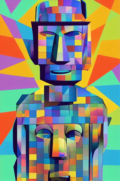 Image similar to cubist moai statue cutout digital illustration cartoon colorful beeple