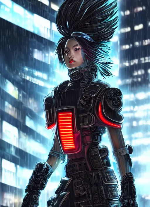 Prompt: stunning futuristic superb cyberpunk young female Samurai wearing samurai armor hybrid with military tactical vest, armor has neon circuitry, long white hair, windswept hair, sci-fi in futuristic stormy heavy rain thunder flashing tokyo rooftop cyberpunk night, sci-fi,fantasy, intricate, very very beautiful, elegant, neon light, highly detailed, Cinematic, digital painting, artstation, hyper realism, concept art, soft light, hdri, smooth, sharp focus, illustration, unreal engine 4, art by tian zi and craig mullins and WLOP and alphonse mucha