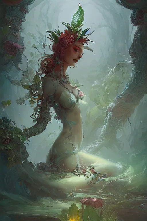 Image similar to book cover | plant fairy | digital painting | highly detailed | ultra realistic | dark fantasy | vivid colors | cinematic atmosphere | hyper detailed | peter mohrbacher